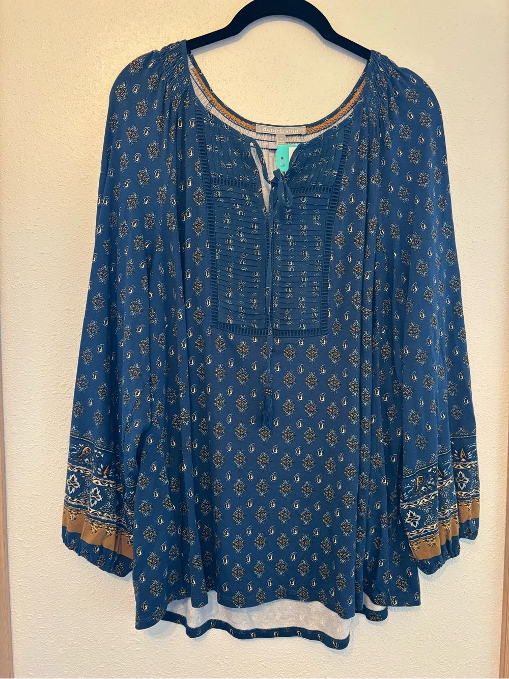 Daniel Rainn Blue Printed Peasant Tunic with Gold-Accent Border